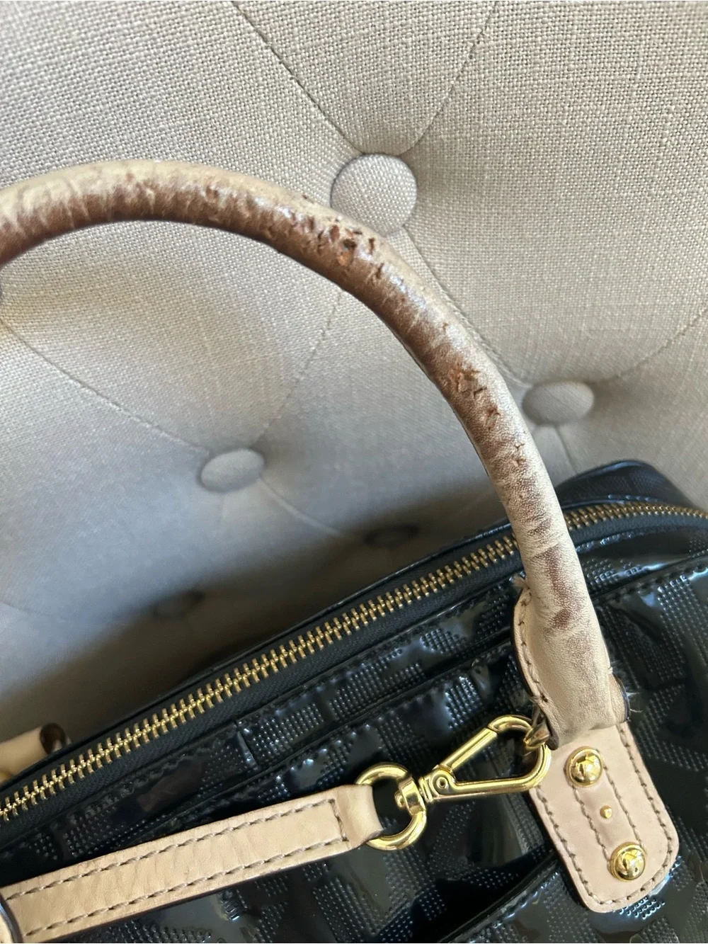 Michael Kors Black Patent Satchel with Beige Trim and MK Charm